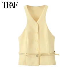 TRAF 2024 Yellow Crop Top Woman off Shoulder Tank Top Women Belt Office Button Short Tops Woman Holiday Summer Tops for Women