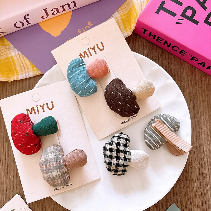 

Autumn Hair Accessories 2PCS Korean Plaid Mushroom Clips with Hair Elastics for Girls Non-Slip Brown Barrettes