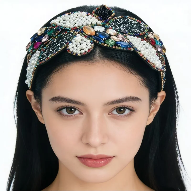 Fashionable Ball Water Diamond Pearl Leaf Shaped Baroque Headband Wide Edge Hair Hoop Women Exquisite Hair Accessories Headwear