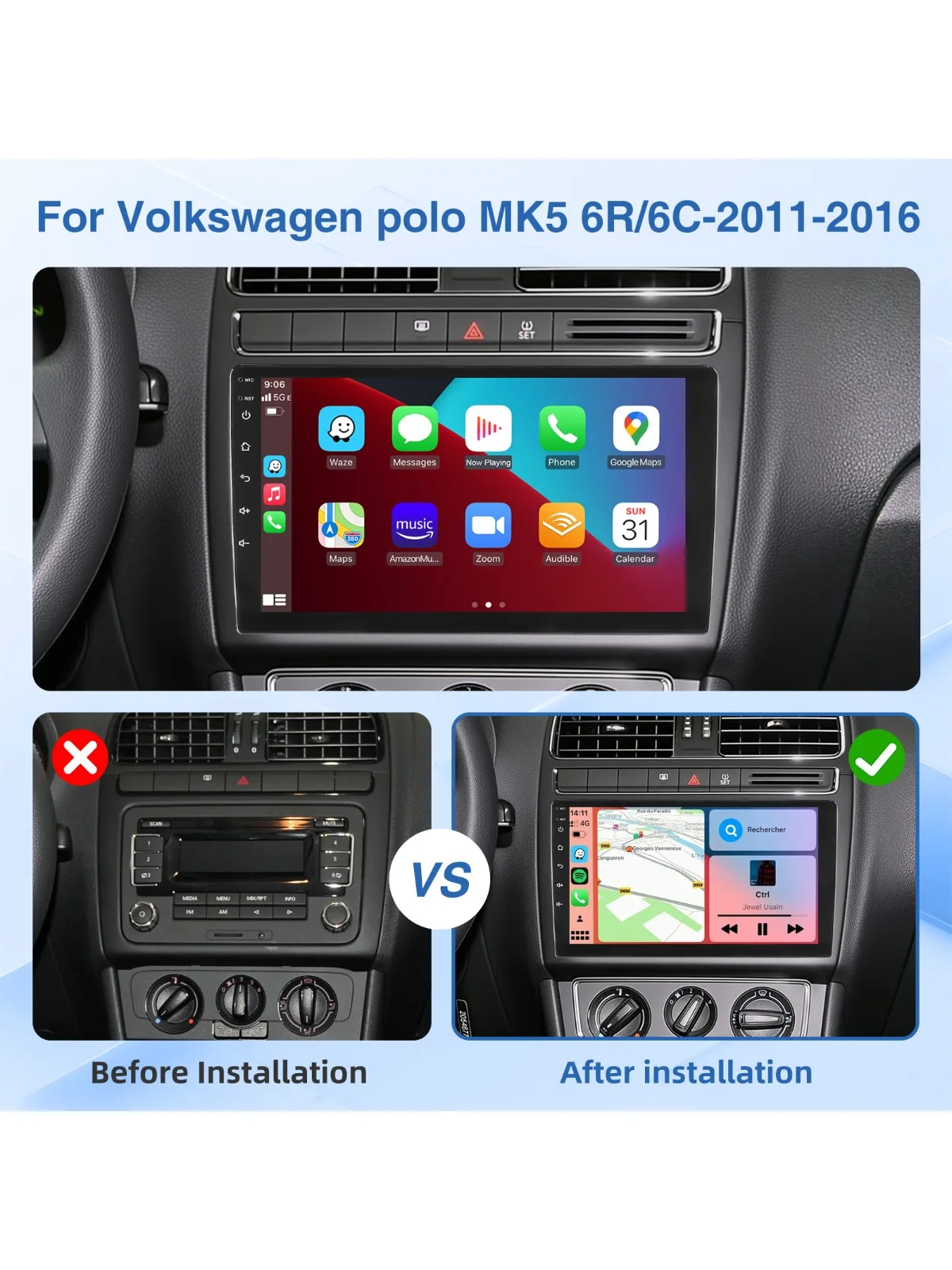 4+128GB 9 inch Android 15 autoradio met CarPlay voor VW Polo 6R 6C 2009-2017 GPS navigatie touchscreen FM/AM head unit SWC+DAB&camera - afbeelding 2