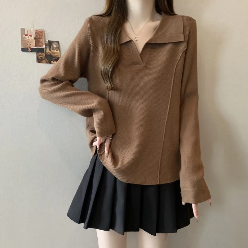 

Polo Collar Shoulder Knitted Top for Women's Autumn and Winter Lapel Versatile Sweater Loose Base Shirt