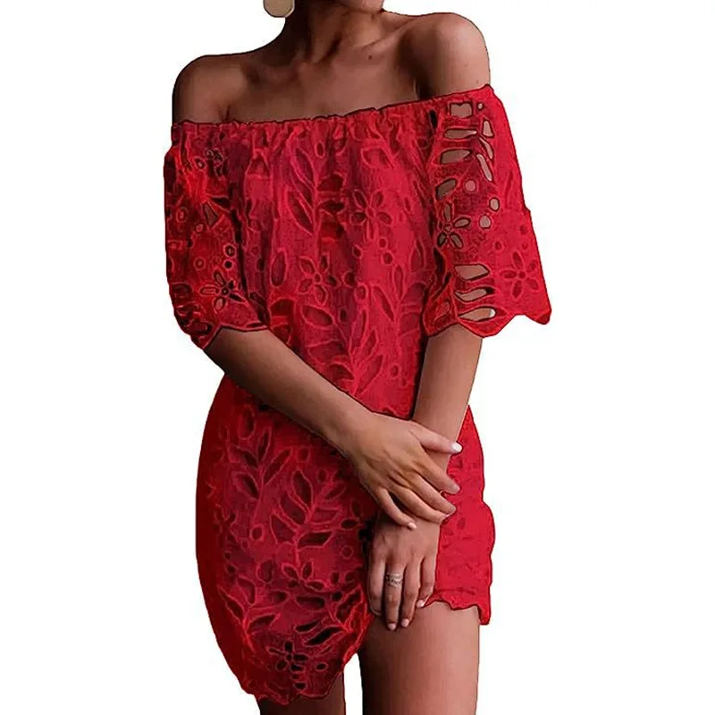 Spring Summer Commute Elegant Lace Dress For Women Sexy Mid-sleeved Off-shoulder Short Dresses Fashion Solid Color Party Dress