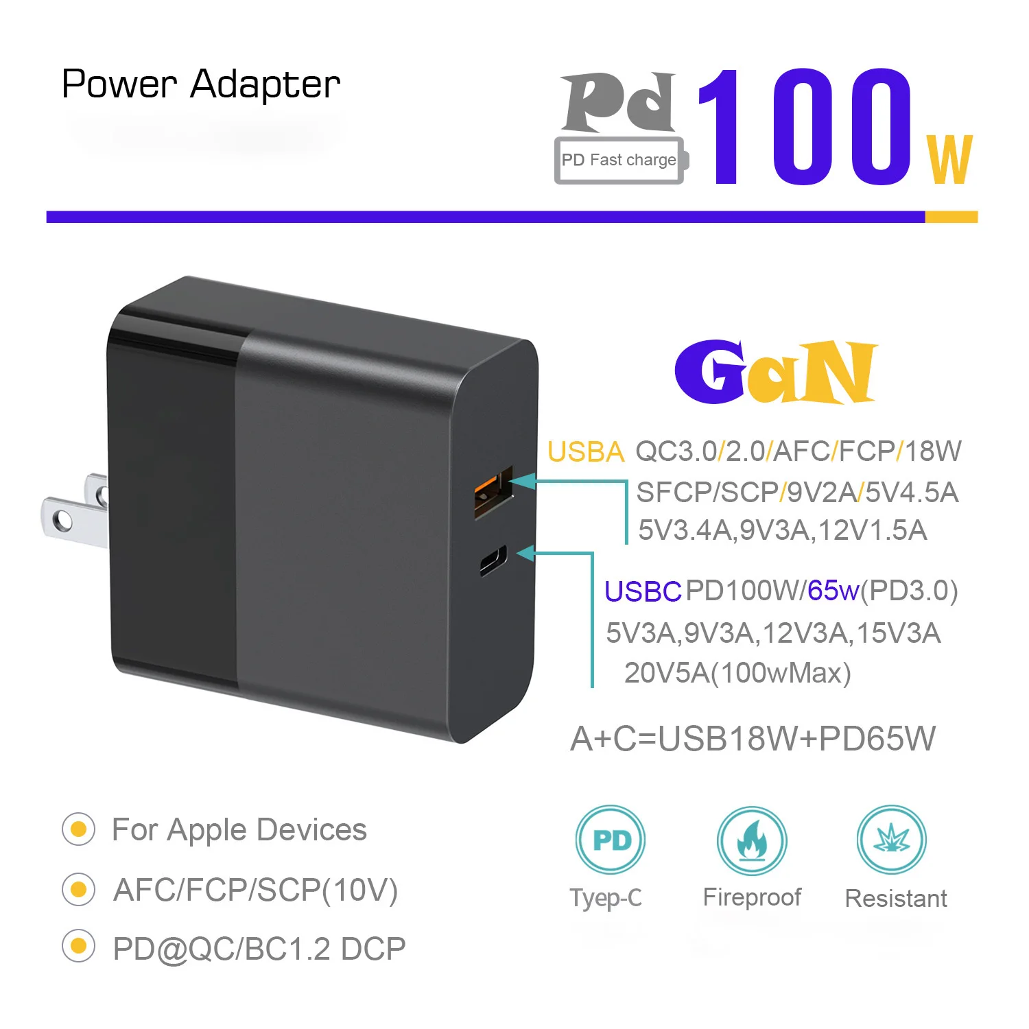 FMchip TS101 HS02 100W GAN PD Adapter Type-C Power Charger QC3.0 for Latop Soldering Iron Mobile Phone Replacement Adapter