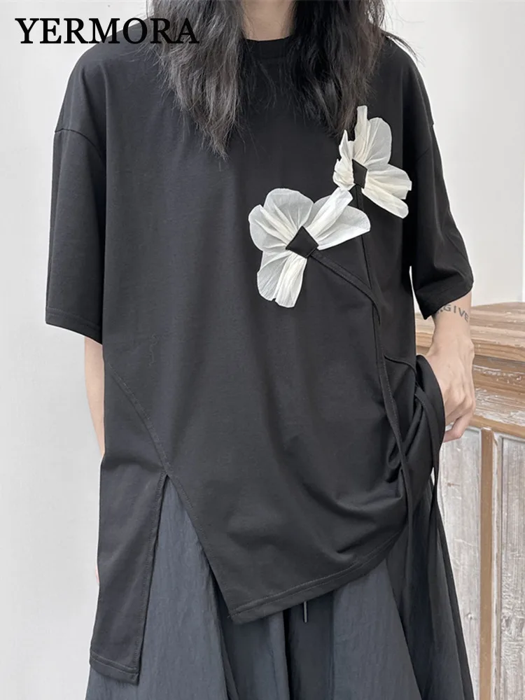 

YERMORA Black Asymmetric Flower Ribbon Casual T-shirt For Women O-neck Short Sleeve Loose New Tops Fashion Spring Summer 2025