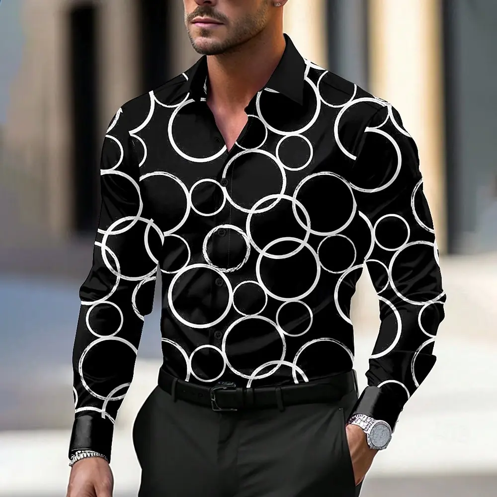 Men's long-sleeve shirt with a white base and black geometric circle print; collared shirt; trendy business-casual top.