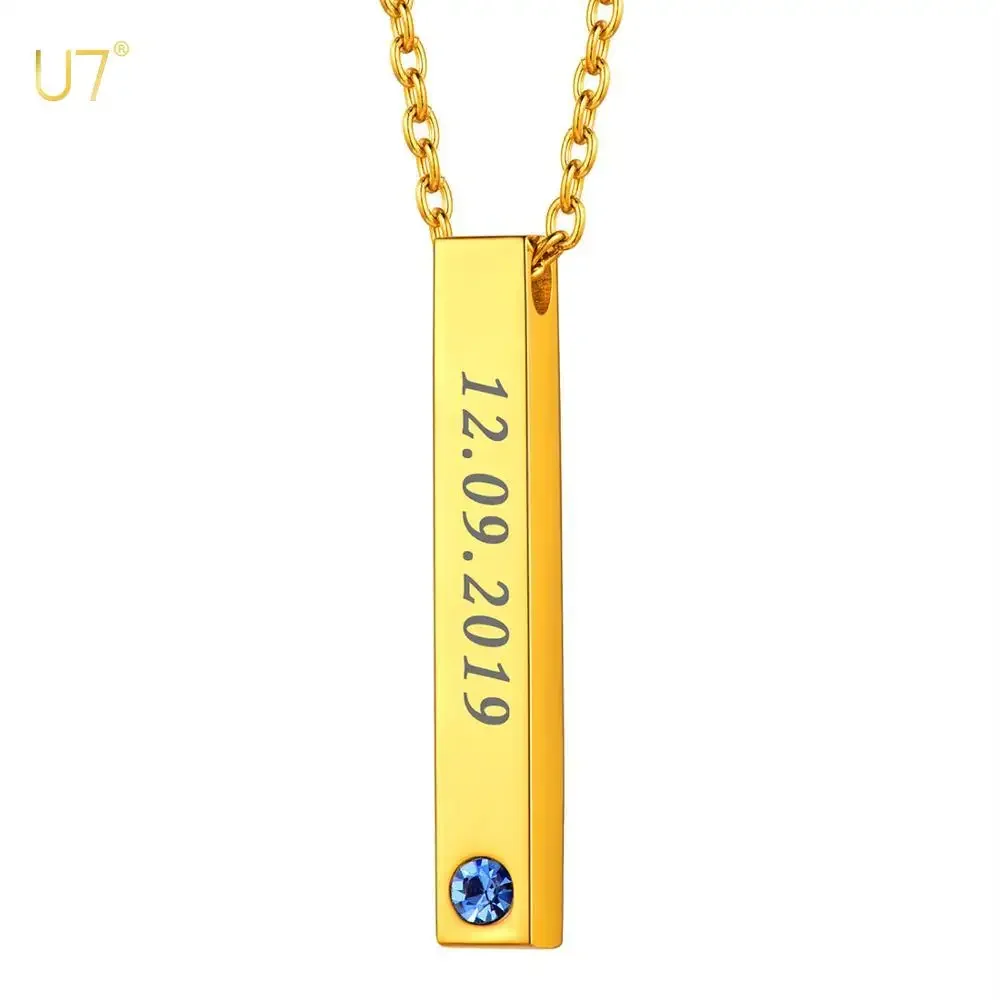 

U7 Stainless Steel Vertival CylinderBar Necklace with Birthstones Personalized Engrave Unisex Customized Name Memorial Jewelry