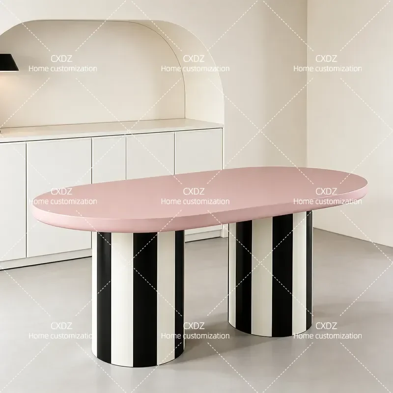 Cream Style Oval Dining Table Pink and White Striped Simple Modern Household Restaurant Common Table