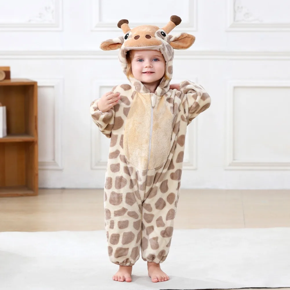 Soft Flannel Baby Hooded Romper Full-Coverage Design Cartoon Animal Infant Jumpsuit Lightweight Hooded Design Toddler Costume