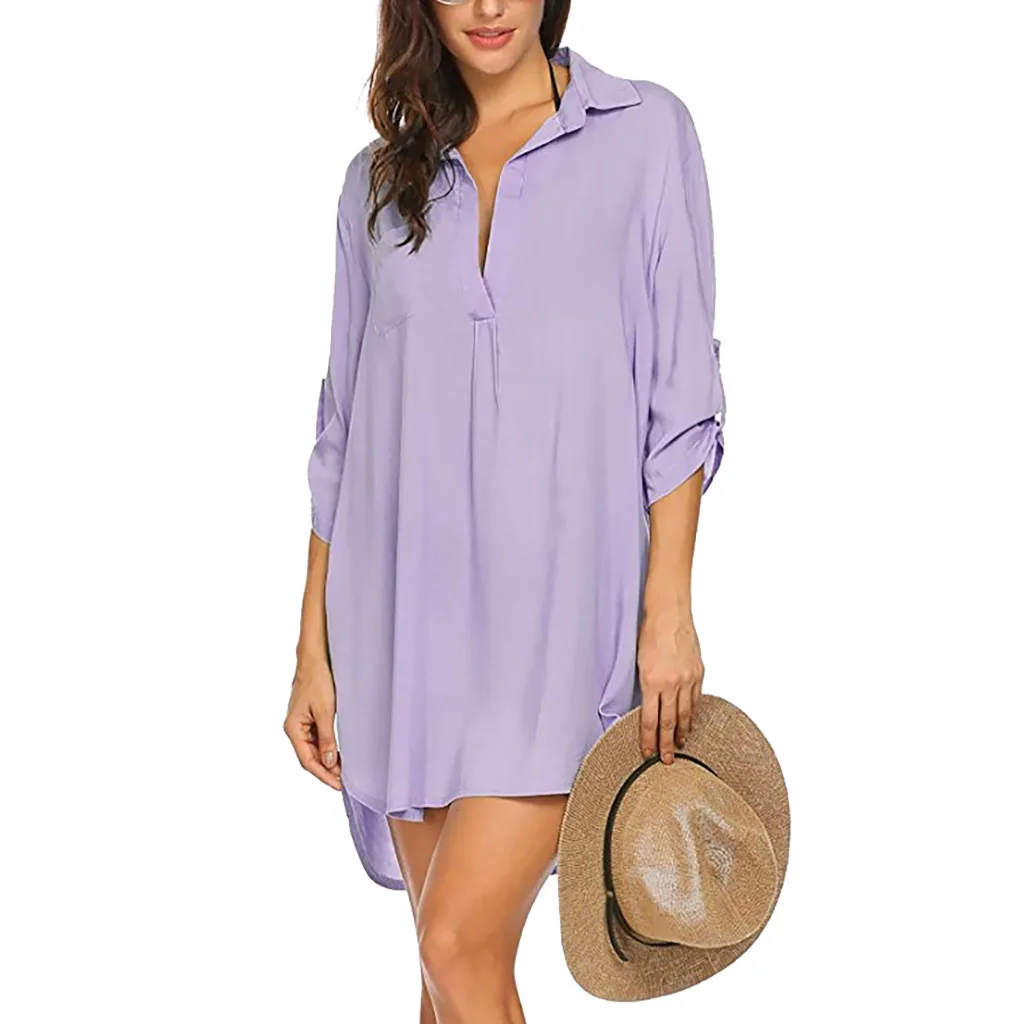 2025 Hot Selling Fashion Swim Cover Up Dress V Neck Beach Sunscreen Shirt Women Clothing European American Trend