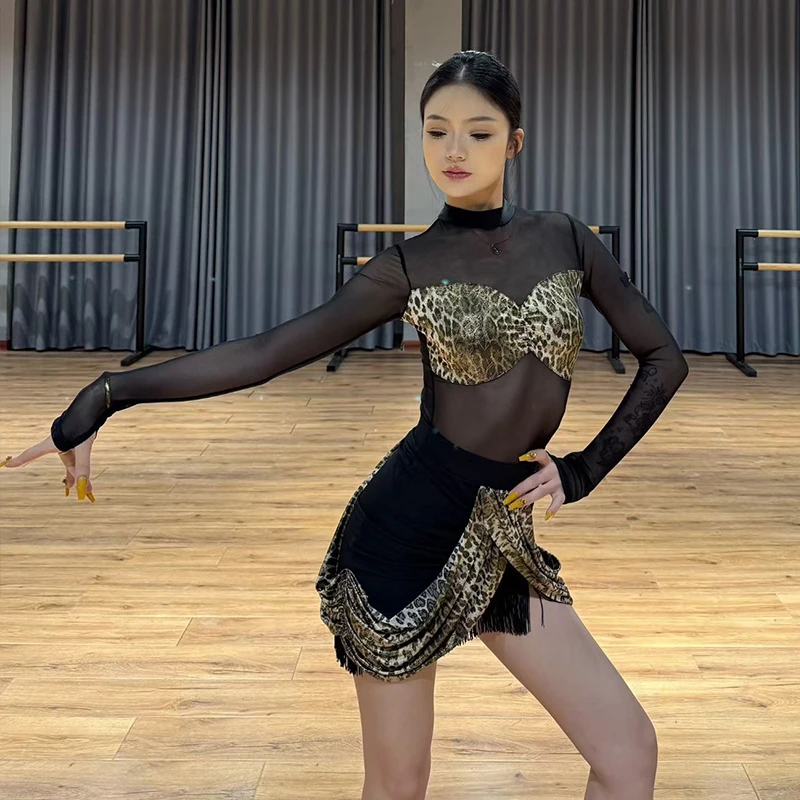 신상 라틴 댄스 공연 의상 레오파드 메쉬 섹시 룸바 차차 탱고 댄스 연습복 대회 드레스 수트 DNV25999