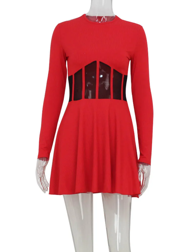 Cnyishe vestidos femininos malha retalhos sheer manga longa sexy clube moda o pescoço a linha bainha bodycon feminino vestidos robes