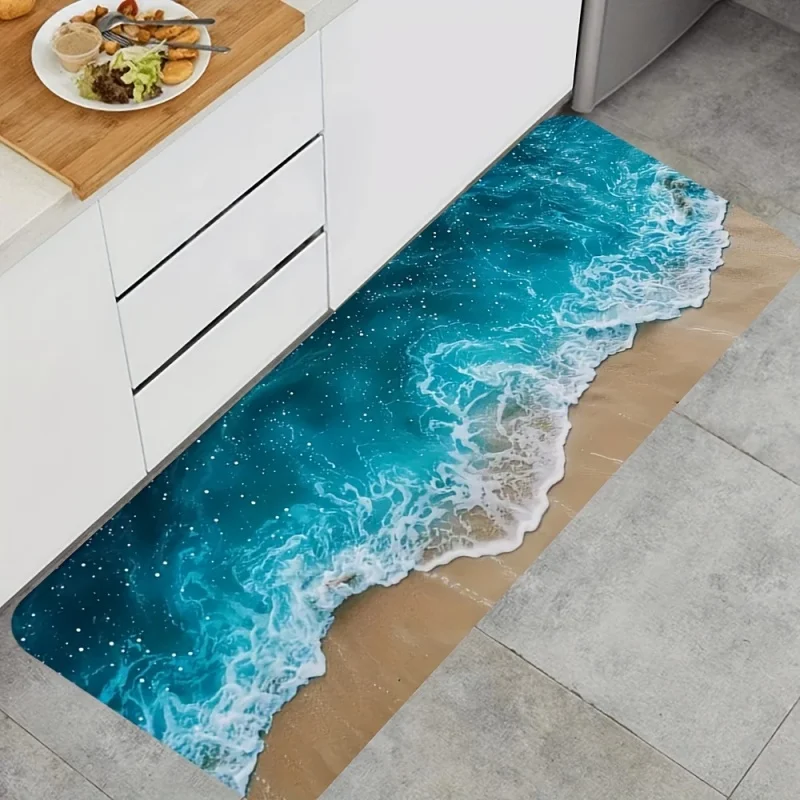 Newest Doormat Blue Sea Wave Beach Sand Print Washable Non Slip Coastal Kitchen Runner Rug Set for Living Room Bedroom