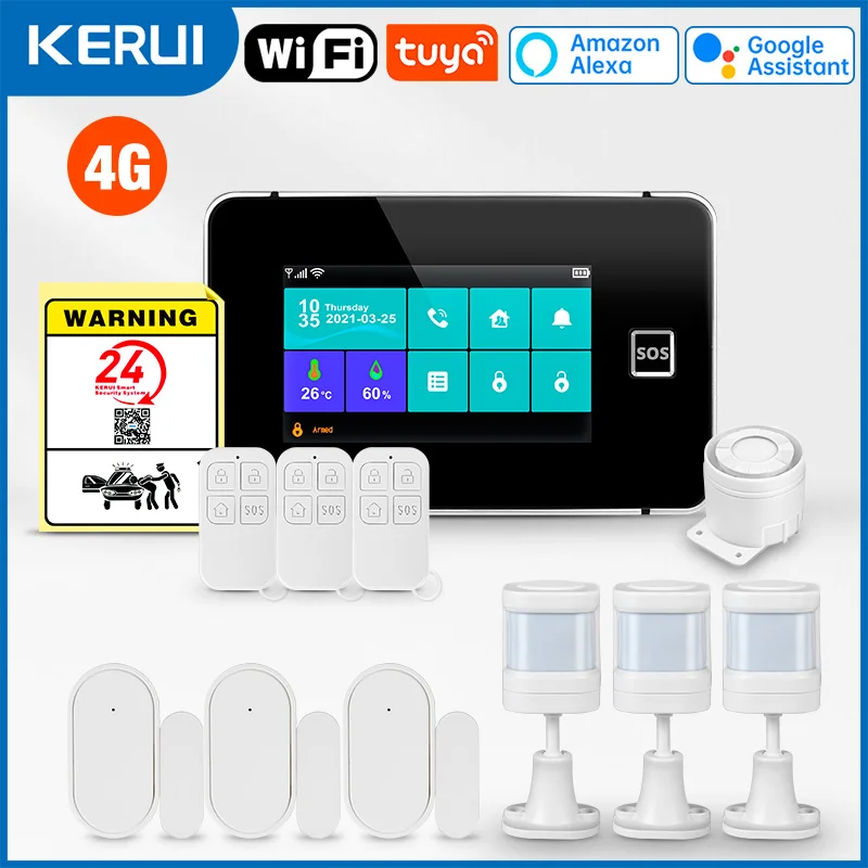 نظام إنذار منزلي KERUI 4G، نظام إنذار لاسلكي مع إخطار تطبيق Tuya الذكي، أجهزة استشعار الحركة، أجهزة استشعار نافذة الباب