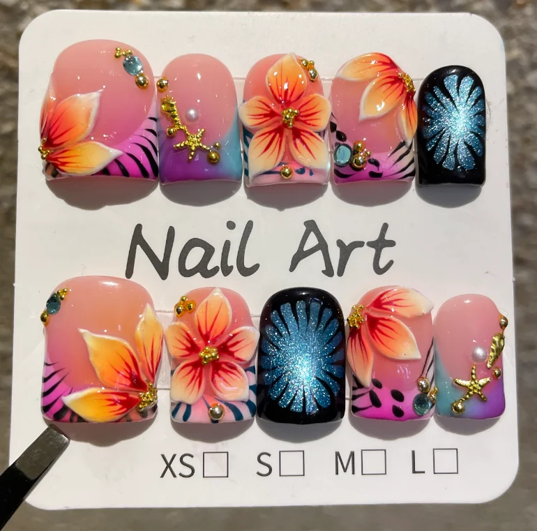 

10Pcs Blue Cat Eye Glitter Press on Nails Sweet Cool Yellow Gradient Flower Gold Starfish Stick on Nails Wearable Manicure Tips