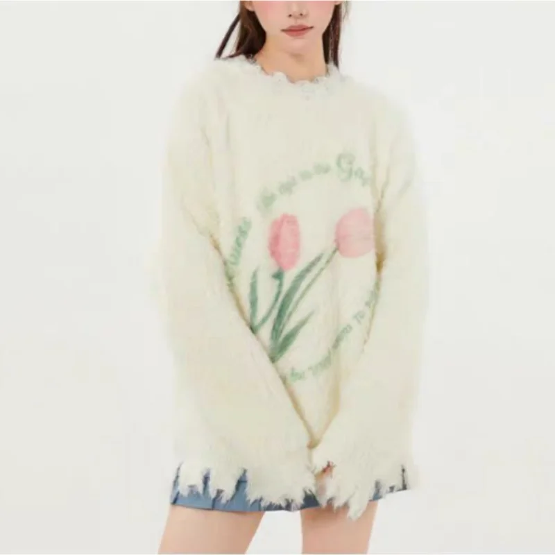 Korean Women Sweater Streetwear Autumn Winter Letter Printed O-neck Kawaii Pullovers Cartoon Furry Bunny Knitted Pullover