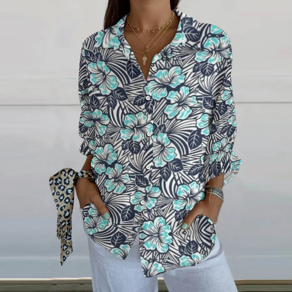 

Women's Flower Print Casual V-neck Shirt One-Piece Side Buttons Overshirt Spring & Summer Flip Collar Single Breasted Buckle