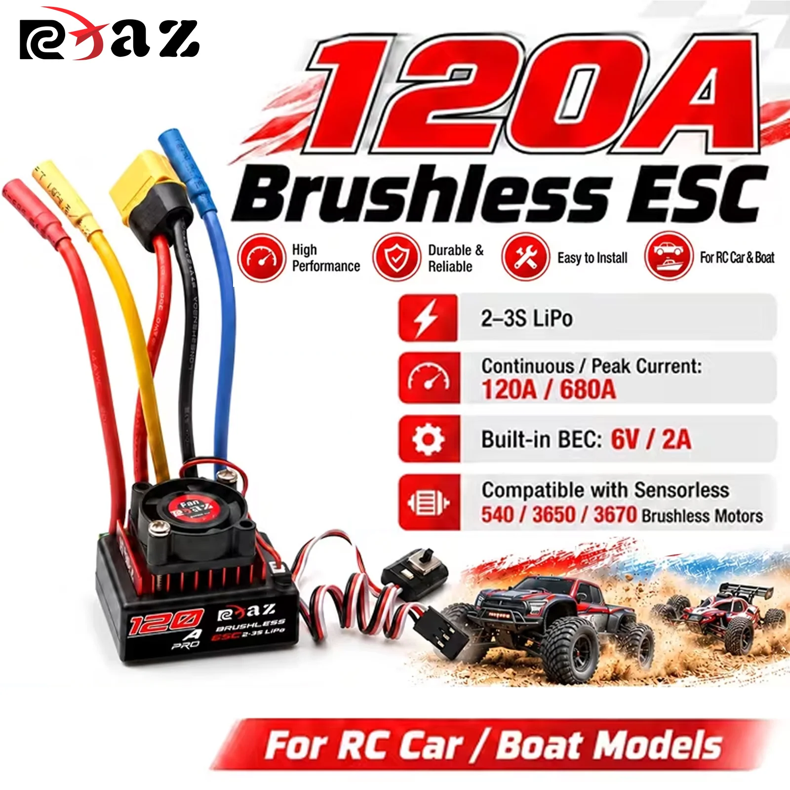 RCXAZ RC 120A Brushless ESC 2-3S LiPo 6V/2A BEC Waterproof Electronic Speed Controller with Cooling Fan for 1/10 RC Crawler Buggy Truck Off-Road SCX10 TRX4 D90 Tamiya Axial HPI