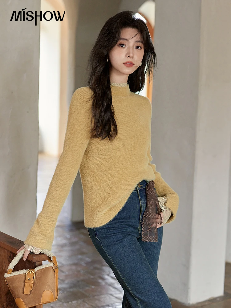 MISHOW أسفل محبوك سترة المرأة الدانتيل حافة تقليد المنك الصوف الياقة المدورة المرأة طويلة الأكمام 2024 الشتاء بلايز MXD55Z0936 #3