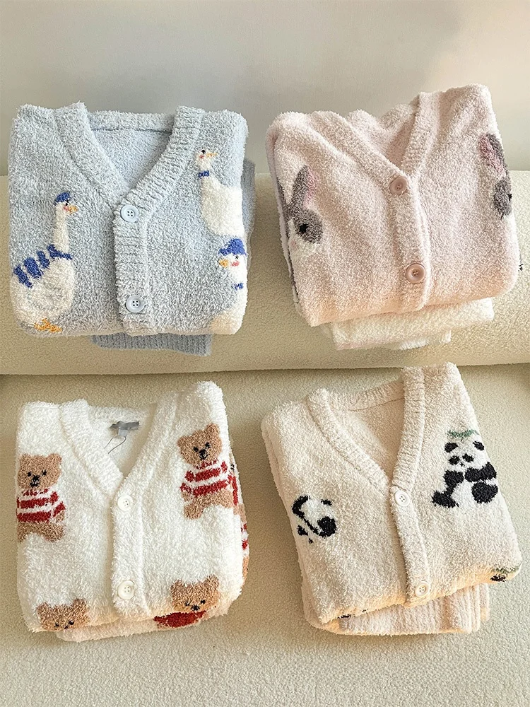 

Thiened Fluffy Winter Pajamas Women's Spwear Large Size Long Sve V-Ne Home Clothes Set Cute Cartoon Print Nightgown