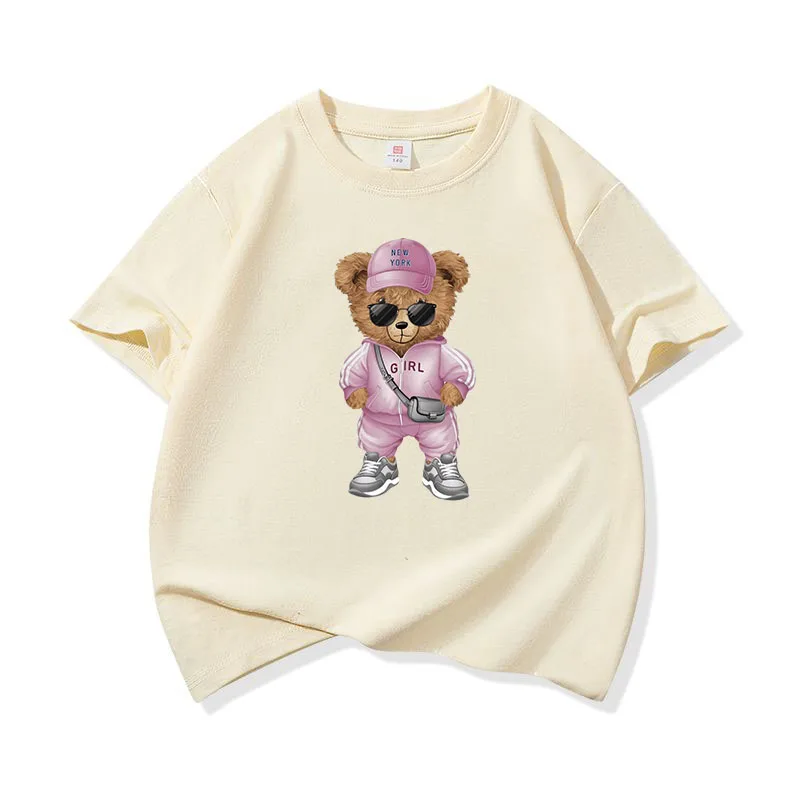 Pink Tracksuit Bear Graphic Tee Kids 100% Cotton Crew Neck Casual T Shirt Short Sleeve Muticolor Tops For Sweet Girls Boys