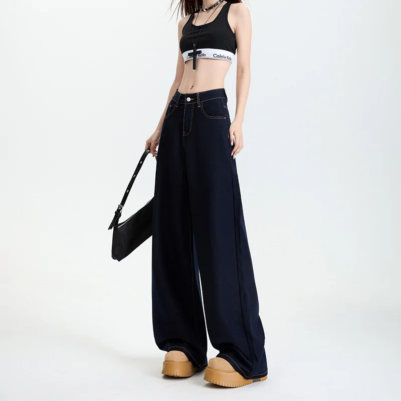 

Four-Way Stretch Wrinkle-Resistant Loose Slimming Versatile Elastic Denim Raw Hem Floor-Length