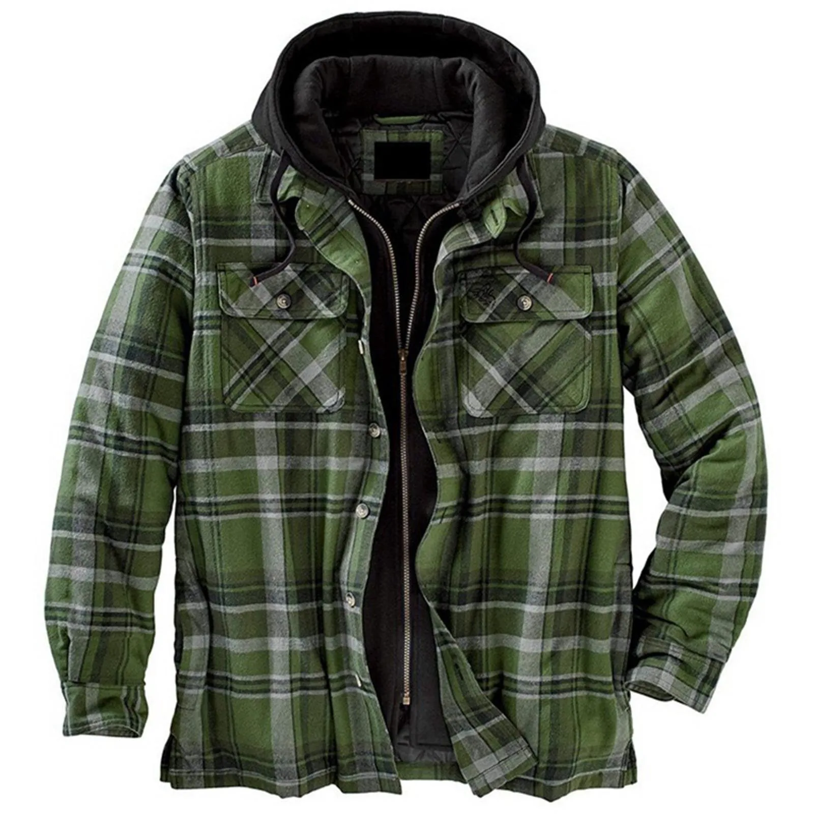 Men's Hooded Quilted Lined Fleece Shirt Jacket, Long Sleeve Plaid Button Up Jackets Autumn and Winter Thick Coats casual jacket