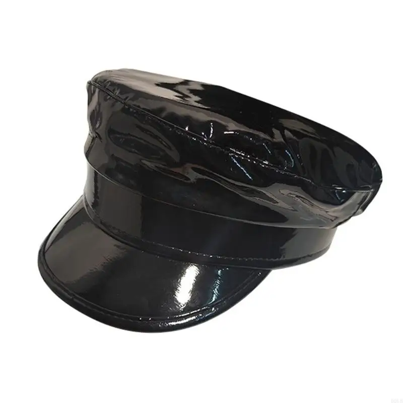 PU Painter Hat Flat Hat British for Dating Photography Cabbie Headwear Painter Hat Glossy Black Hat