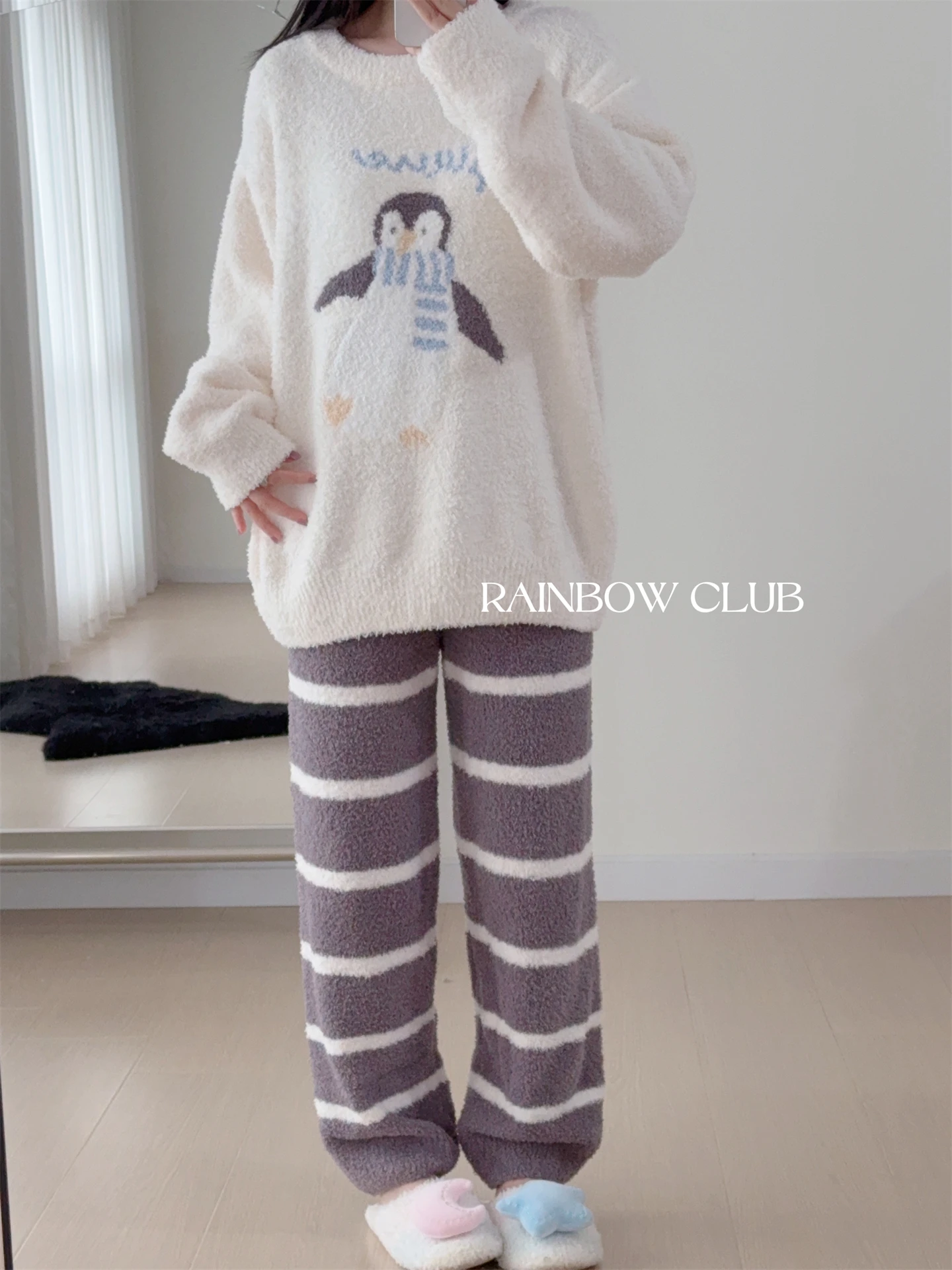 الرجال والنساء زوجين نمط أفخم الخريف الشتاء Homewear الحلو لطيف فتاة جولة الرقبة طويلة الأكمام فضفاضة عارضة يمكن ارتداؤها بيجامة مجموعة