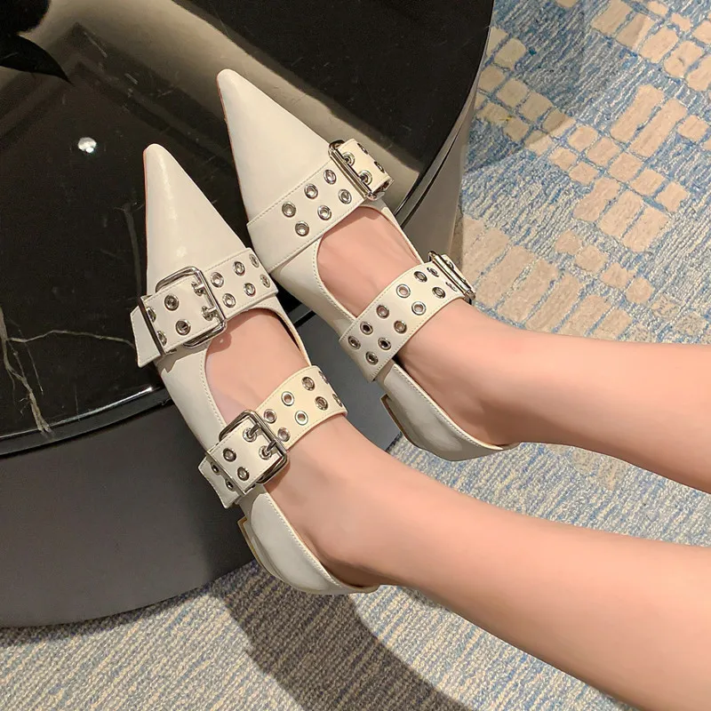 

Punk Style Beige Black Sow Leather Metal Eyelet Buckle Belt Flat Shoes Pointed Toe Pink Loafers Low Heels Single Pumps