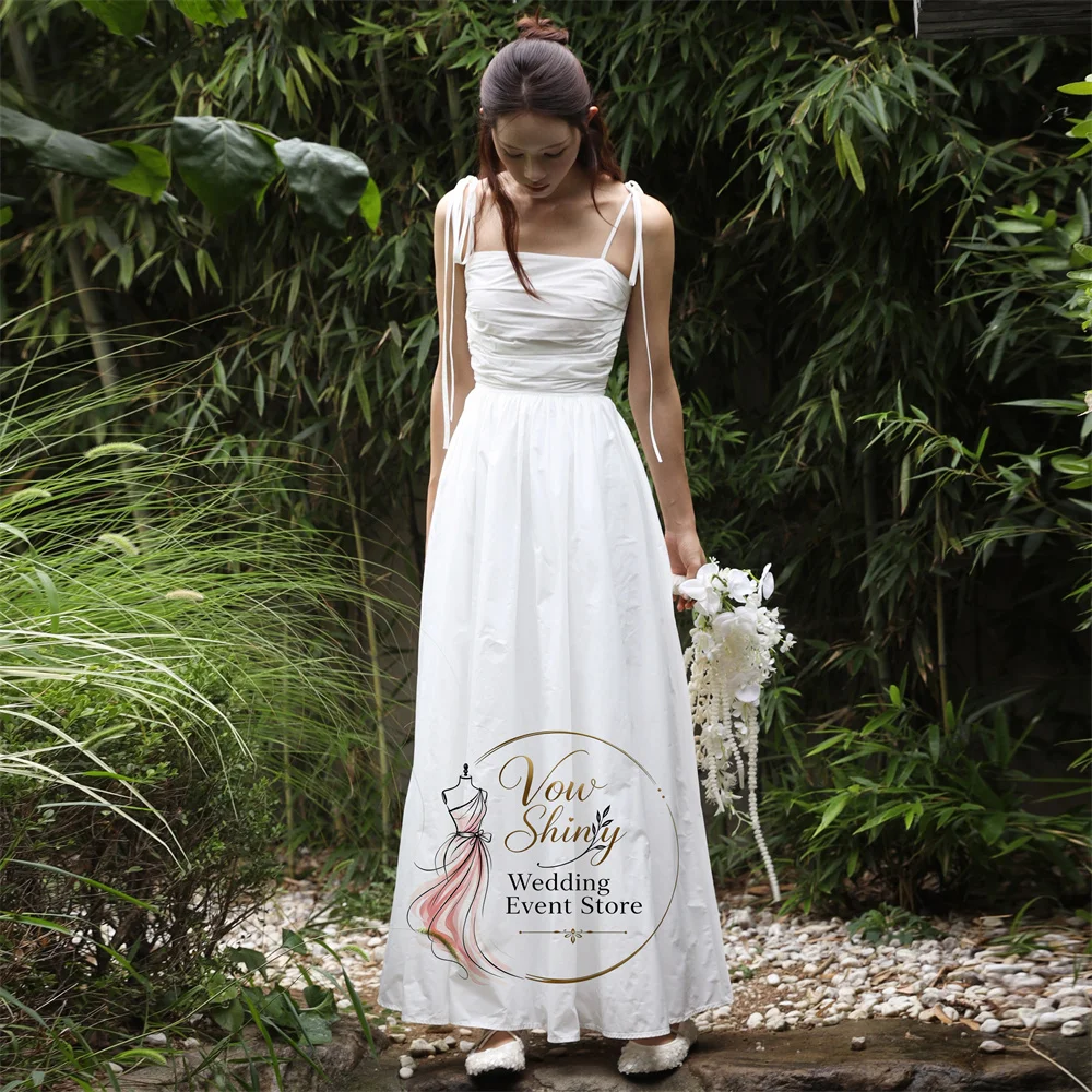 Vow Shiny Customized Simple Pleat Taffeta Korea Wedding Dress Spaghetti Strap A-line Outdoor Snapshot Back Zipper Pretty Bride