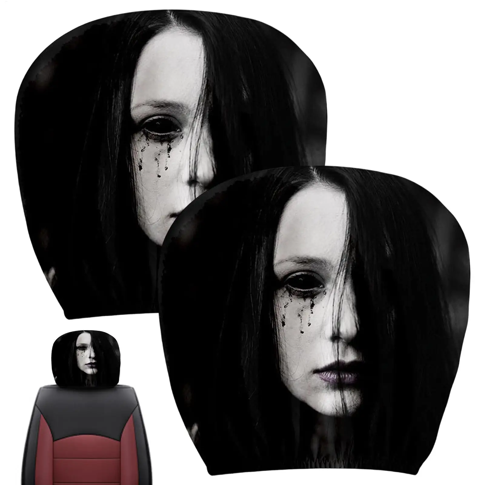 Scary Car Headrest Covers Ghost Face Universal Stretchy Case Horror Print Seat Headrest Protector for SUVs Trucks Halloween Trip