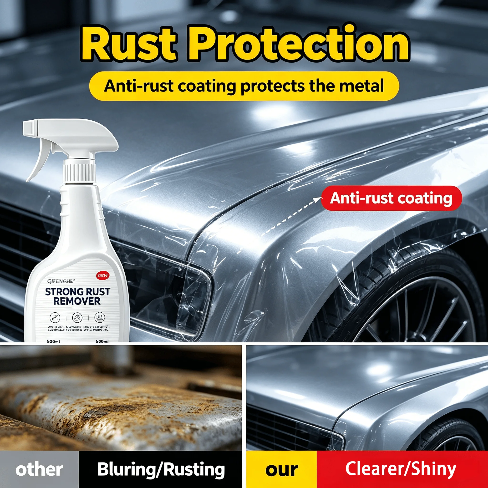 

500ml Metal Rust Remover & Protective Spray, Iron Converter, for Car Parts Tires Rims Doors, Effectively Removes Rust Repairs