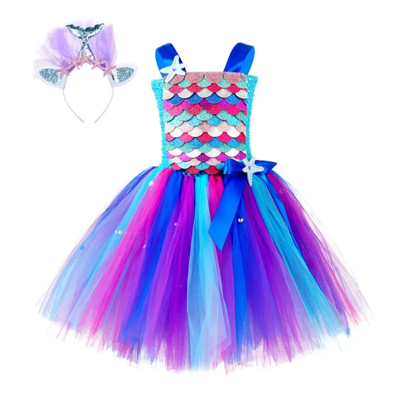Girls Ocean Elf Tutu Dress, Rainbow Sequin Princess Tulle Skirt, Kids Costume for Halloween, Birthday, Photo Shoot and Party