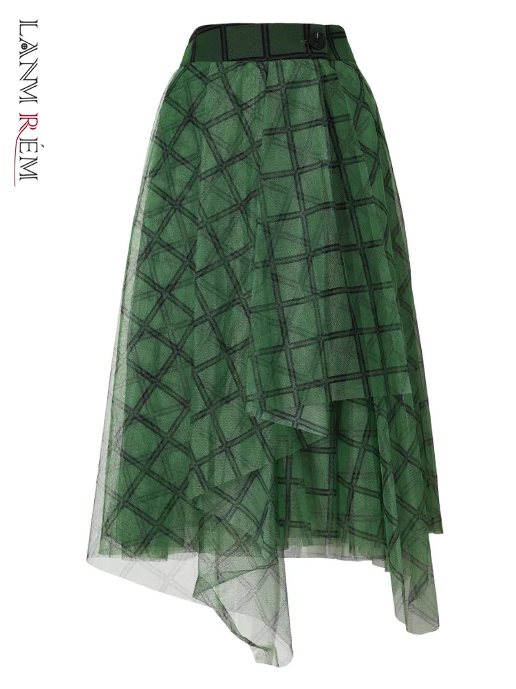 

LANMREM Green Plaid Print Skirt Asymmetric Elastic Waist Streetwear A-line Mid-calf Skirts Famale Fashion Clothing 2AA474