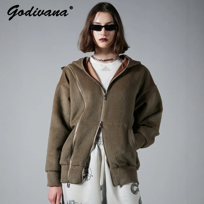 Japanese New Autumn and Winter Personality Multi-zip Trim Cool Wool Jacket Solid Color Women's Hooded Coat Outwear