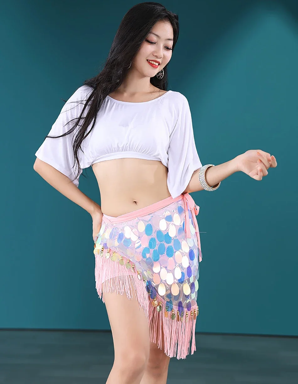 ผ้าคาดเอวเต้นระบำหน้าท้องสำหรับผู้หญิง ประดับพู่และเลื่อม สายคาดเอวสำหรับการแสดงบนเวที อุปกรณ์เสริมสำหรับการเต้นระบำหน้าท้อง