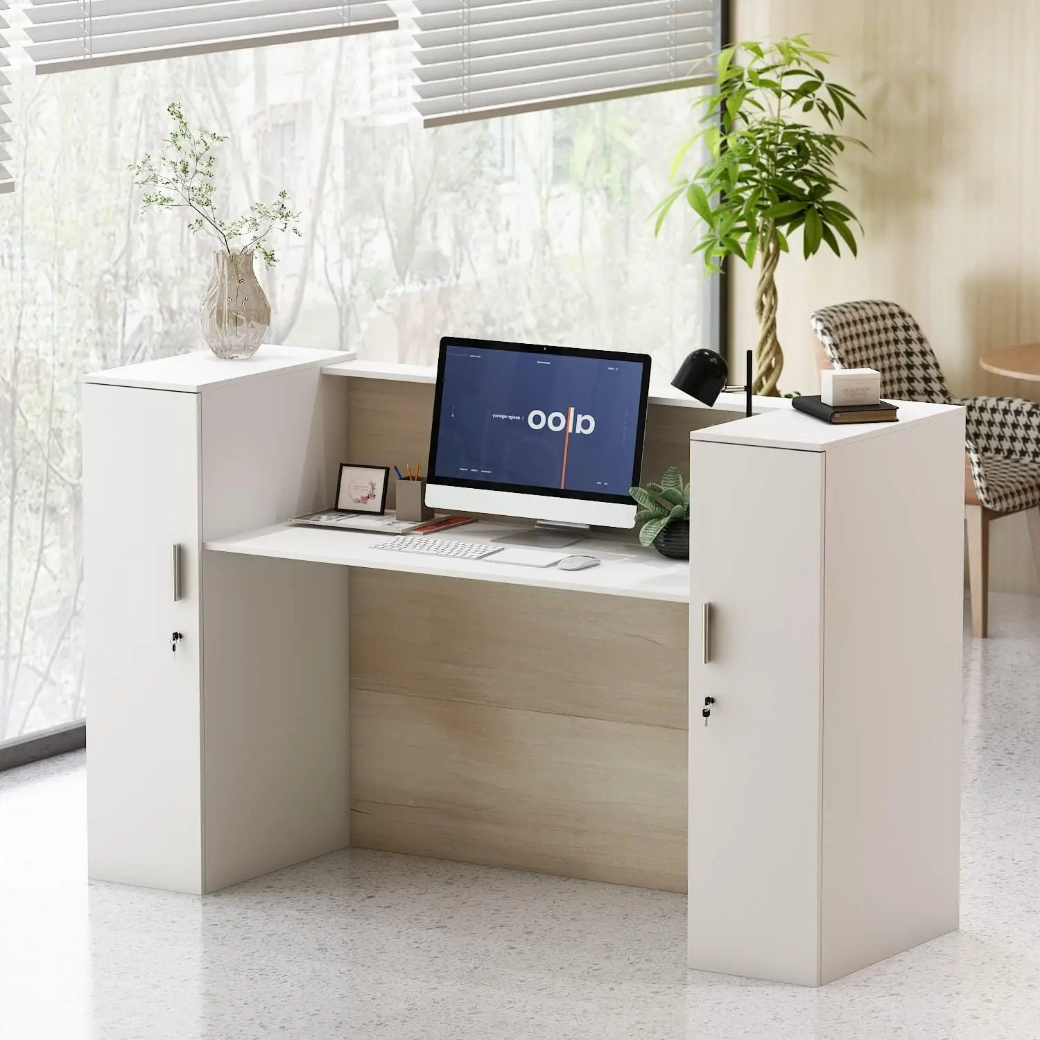 Large Reception Desk with Counter, Retail Counter with Private Lockable Storage & Adjustable Shelves, for Salon Reception