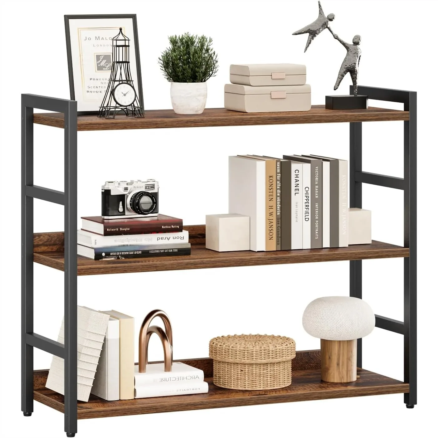 3 Tier Wide Bookshelf, Bookcase Storage Organizer for Living Room, Home Office, Vintage Metal Frame