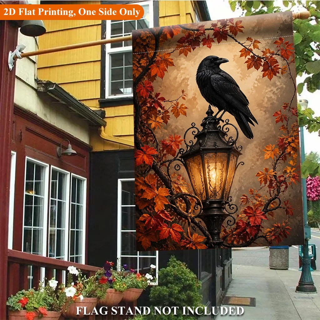 2D Flat Garden Flag 1 Piece, Raven Perched on Fall Street Lights Holiday Yard Outdoor Flag for Outdoor Home and Yard Holiday Decorations, Valentine's Day, Mother's Day, Christmas, Thanksgiving, Halloween, Flagpole Not Included (Flag Only)