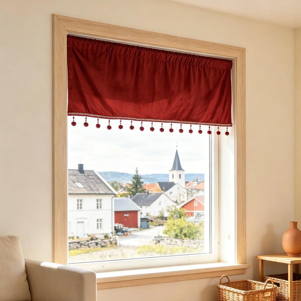 Wine Red Velvet Rod Pocket Valance with Pom Pom Tassels, Vintage Farmhouse Window Header for Living Room Bedroom Decor