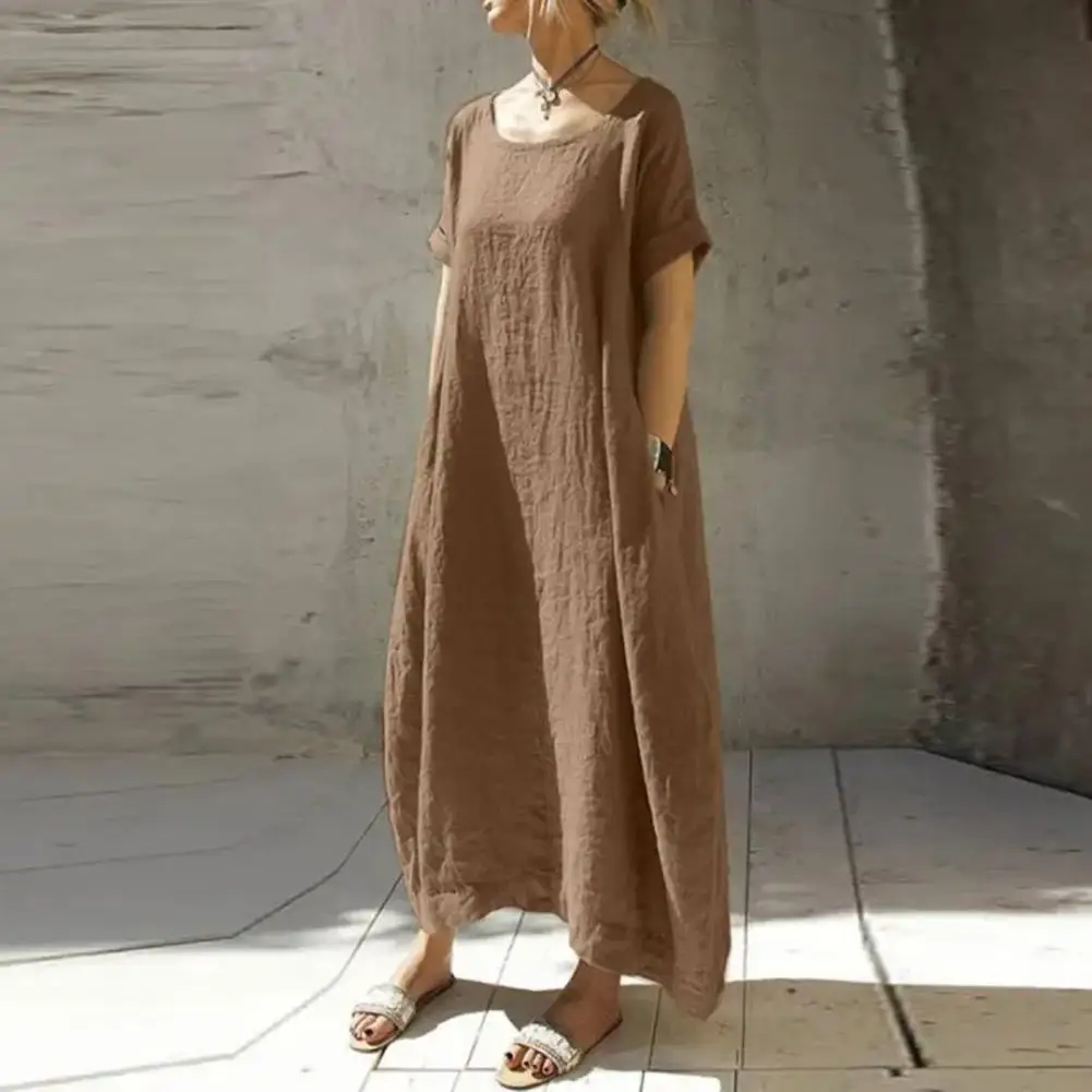 2024 Large Size Casual Cotton And Linen Dress 3XL Fashion Women's Solid Color Round Neck Short Sleeve Pocket Loose Dress