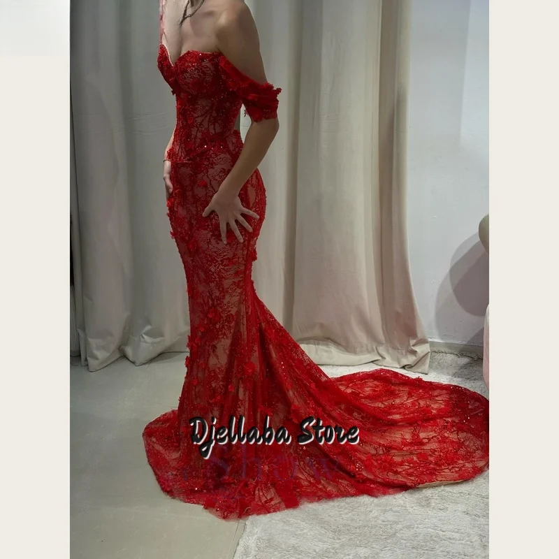 Vestidos de noche de encaje rojo sin tirantes, sexy, con cuello en V y hombros descubiertos, tren de encaje floral, vestido de fiesta de sirena, vestidos formales personalizados