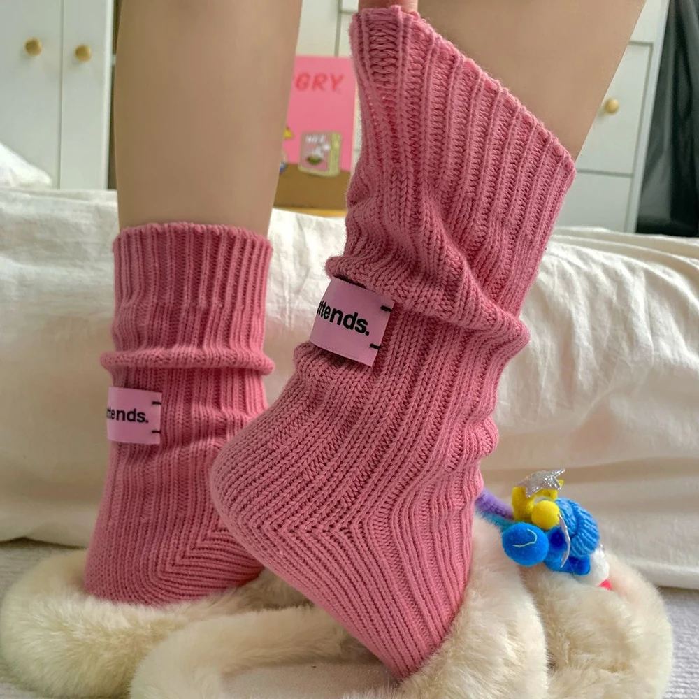 Korean Needle Thick Thread Knitted Middle Tube Socks Cotton Pink Label Couples Solid Color Socks Mid-tube Warm Home Slouch Socks