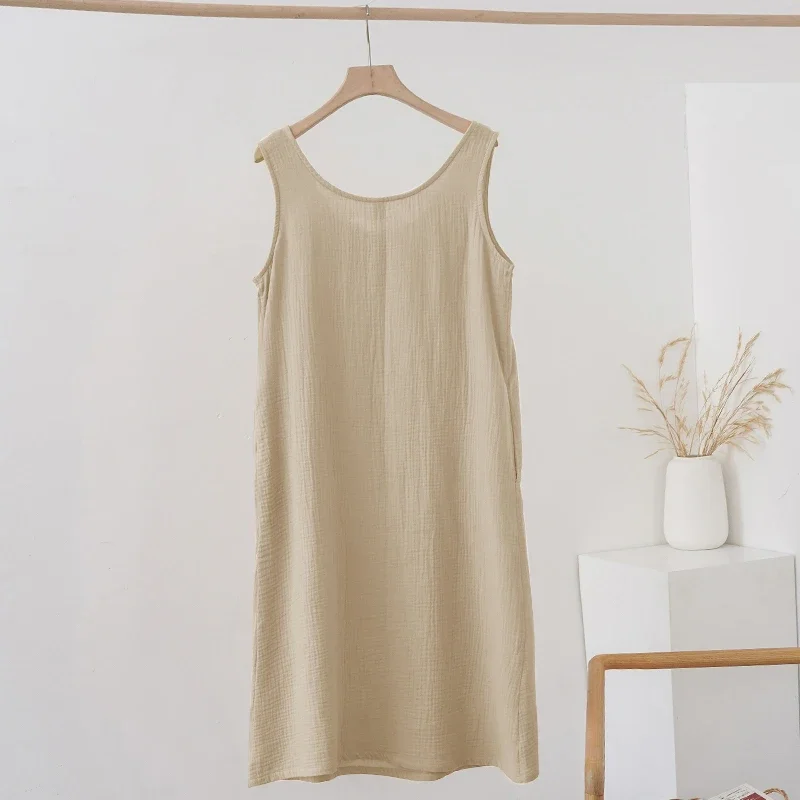 Vestido de muselina 100% de algodón para mujer, ropa básica sin mangas, informal, color Beige, verano, 2024