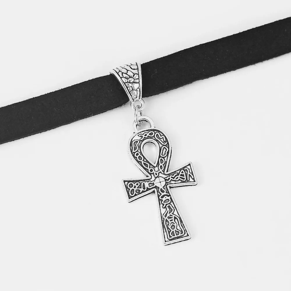 Punk Trendy Ancient Egypt Anka's Symbol of Life Cross Pendant Black Suede Collar Necklace for Women Men Halloween Amulet Jewelry