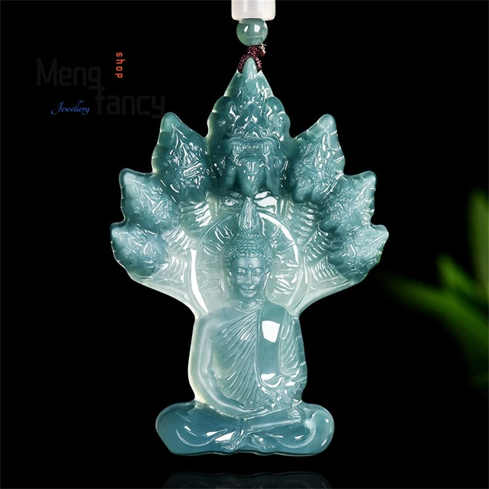 

High-grade Old Natural Jadeite A-grade Blue Water Naga Buddha Protection Glutinous Ice Type Buddha Jade Pendant Fashion Jewelry