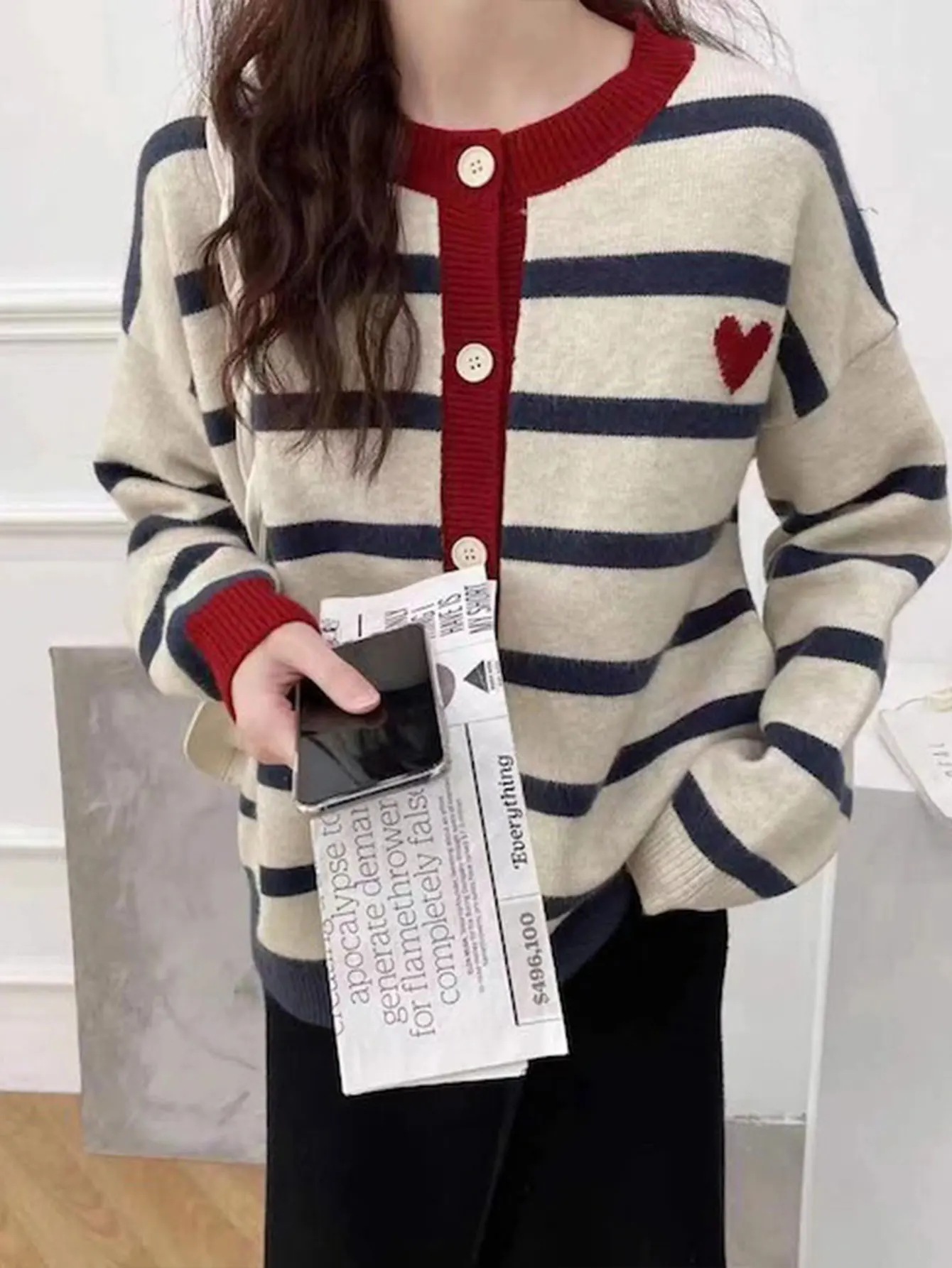 

Женский ретро винтажный кардиган в полоску контрастного цвета с длинным рукавом и круглым вырезом, повседневный осенний трикотаж с открытой передней частью