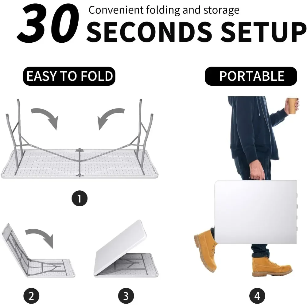 Folding Table 6FT, No Assembly Required Outdoor Picnic Table Thickened HDPE Panel, Office Foldable Table with