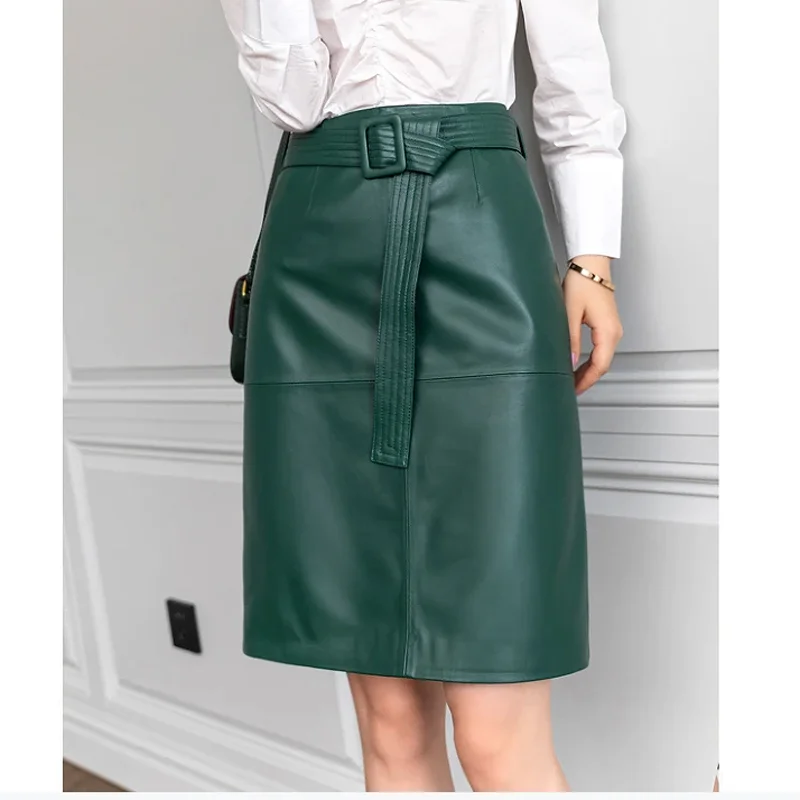 

Women Lace-up Genuine Leather Skirt Female Winter Pure Sheep Skin Knee Length Saias With Belt Feminina Neat Stitches Wrap Jupe