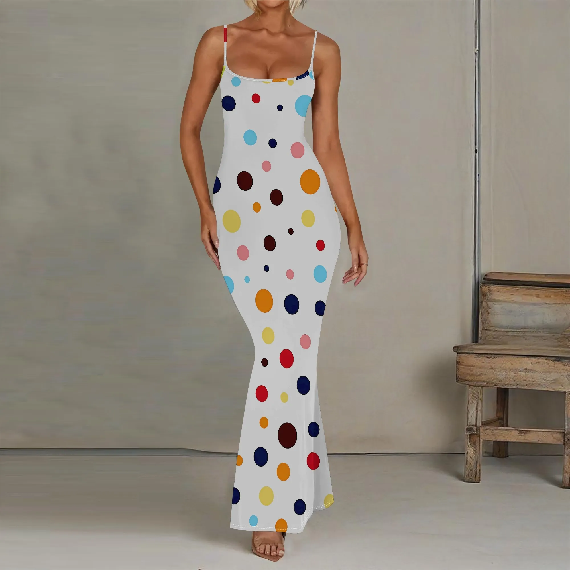 

EQQZD Fashionable Sleeveless Spaghetti Strap Maxi Dress, Beautiful & Colorful Dot Pattern Print Fishtail Dress for Women